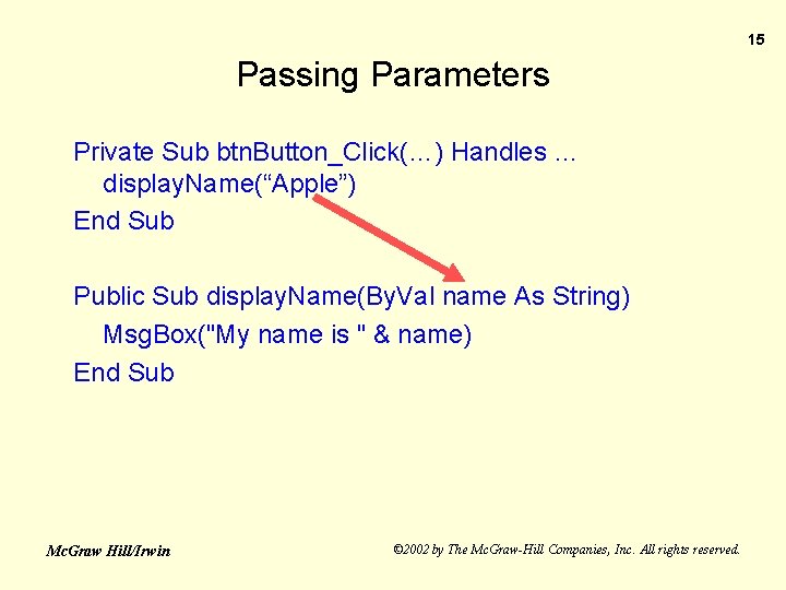15 Passing Parameters Private Sub btn. Button_Click(…) Handles … display. Name(“Apple”) End Sub Public