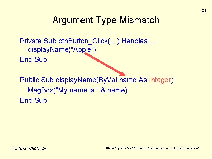 21 Argument Type Mismatch Private Sub btn. Button_Click(…) Handles … display. Name(“Apple”) End Sub