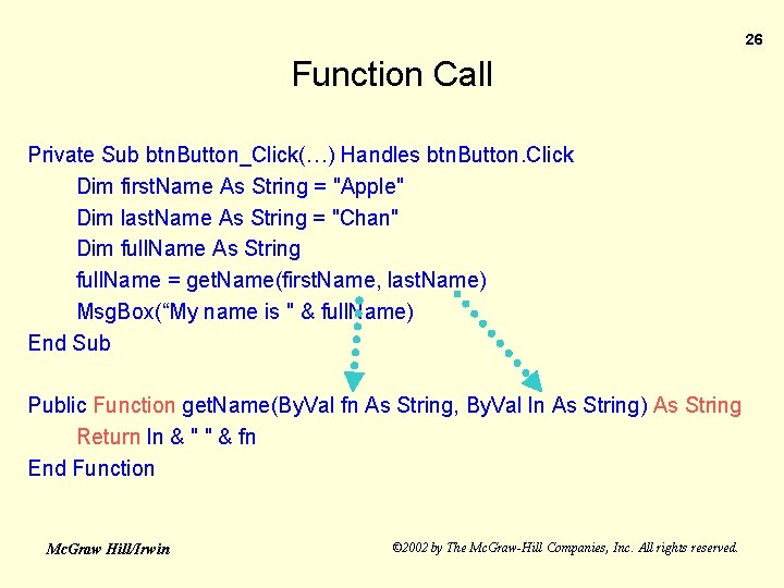 26 Function Call Private Sub btn. Button_Click(…) Handles btn. Button. Click Dim first. Name