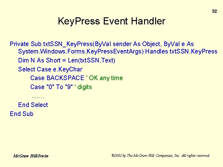 32 Key. Press Event Handler Private Sub txt. SSN_Key. Press(By. Val sender As Object,