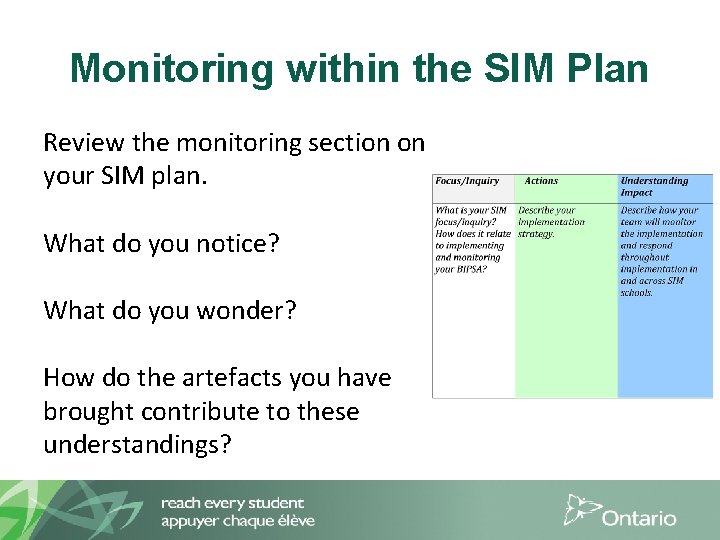 Monitoring within the SIM Plan Review the monitoring section on your SIM plan. What