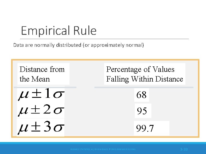 Empirical Rule Data are normally distributed (or approximately normal) Distance from the Mean Percentage