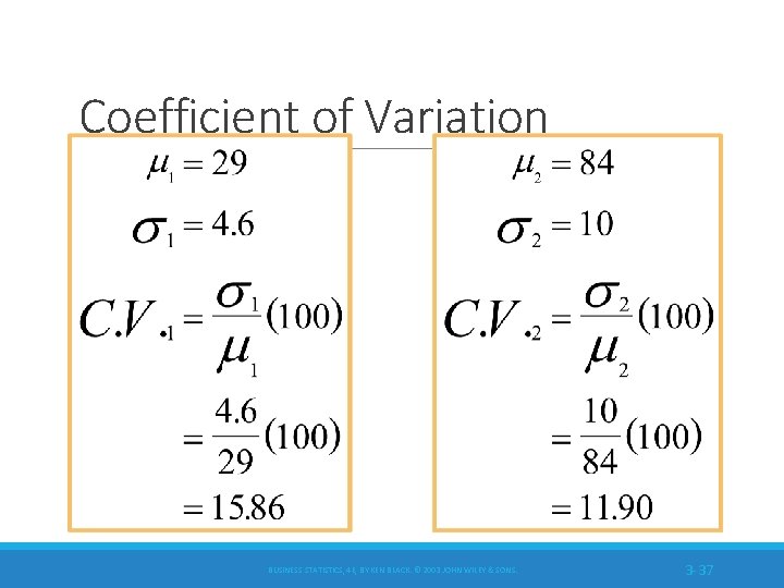 Coefficient of Variation BUSINESS STATISTICS, 4 E, BY KEN BLACK. © 2003 JOHN WILEY