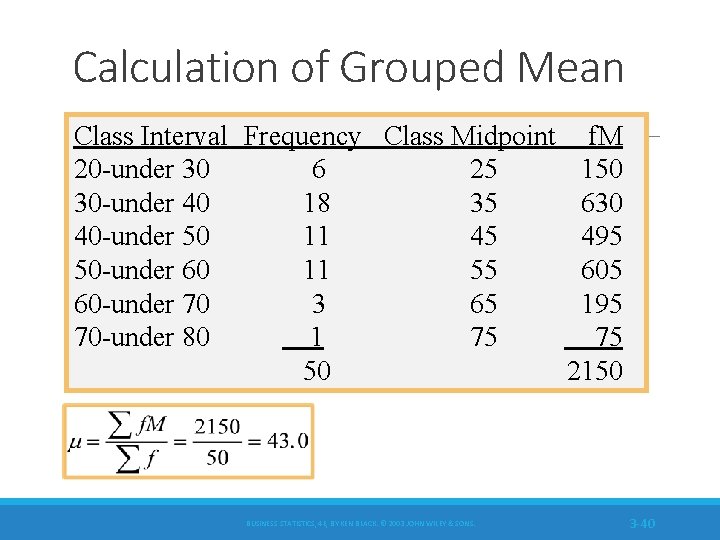 Calculation of Grouped Mean Class Interval Frequency Class Midpoint 20 -under 30 6 25