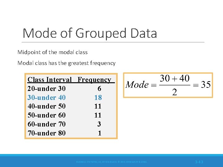 Mode of Grouped Data Midpoint of the modal class Modal class has the greatest