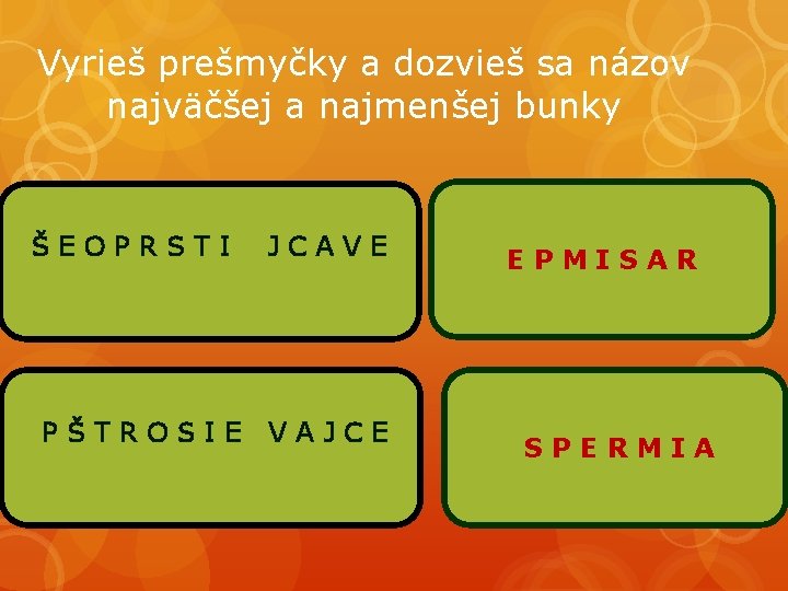 Vyrieš prešmyčky a dozvieš sa názov najväčšej a najmenšej bunky ŠEOPRSTI PŠTROSIE JCAVE VAJCE