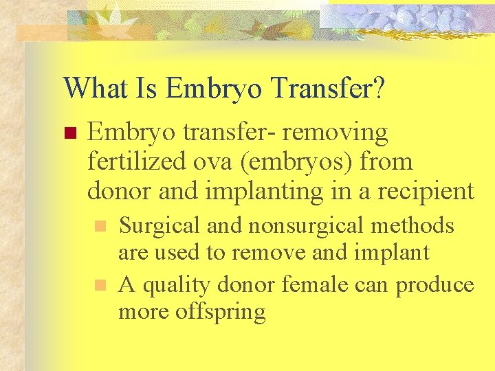 What Is Embryo Transfer? n Embryo transfer- removing fertilized ova (embryos) from donor and