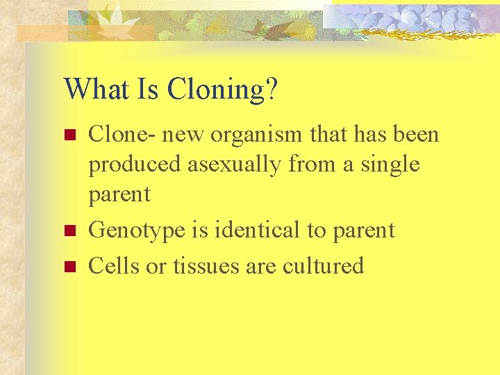 What Is Cloning? n n n Clone- new organism that has been produced asexually