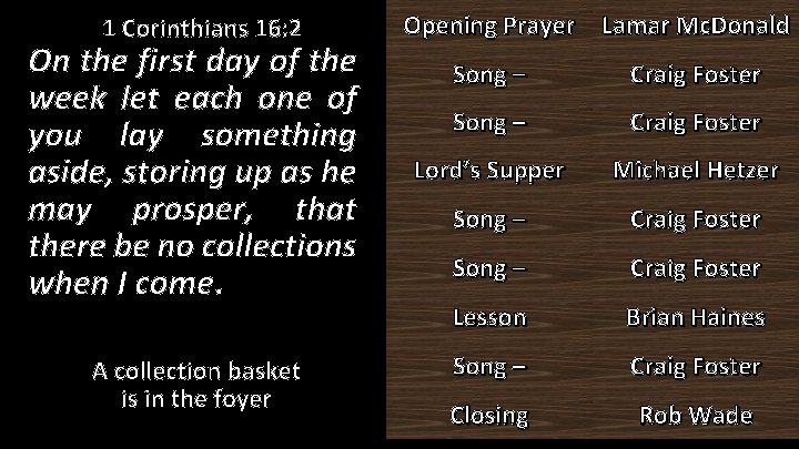1 Corinthians 16: 2 On the first day of the week let each one