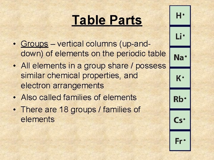 Table Parts • Groups – vertical columns (up-anddown) of elements on the periodic table