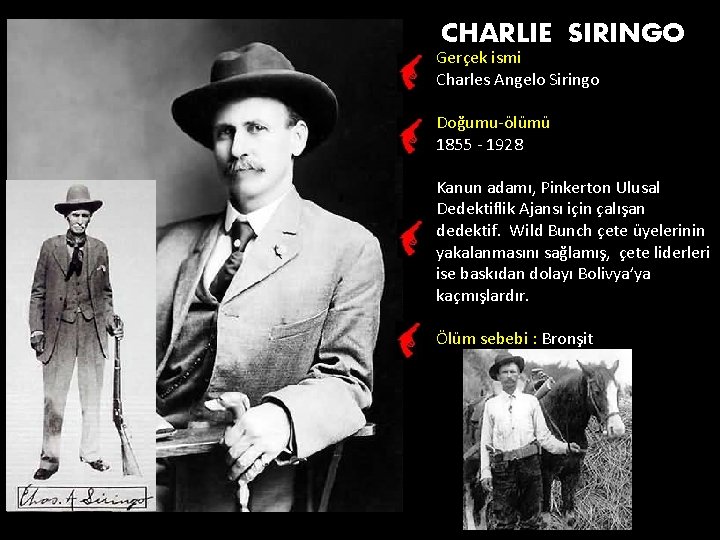 CHARLIE SIRINGO Gerçek ismi Charles Angelo Siringo Doğumu-ölümü 1855 - 1928 Kanun adamı, Pinkerton