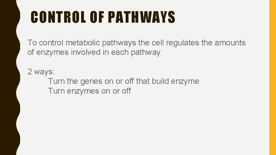 CONTROL OF PATHWAYS To control metabolic pathways the cell regulates the amounts of enzymes