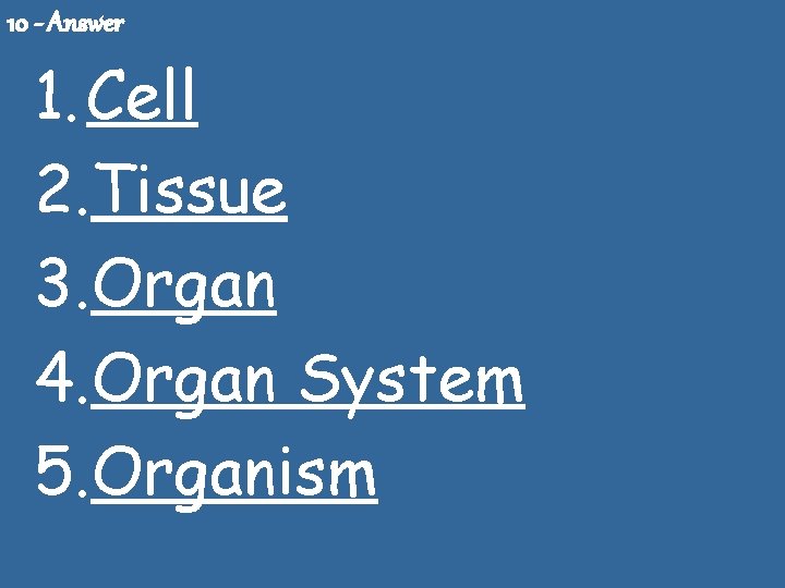 10 - Answer 1. Cell 2. Tissue 3. Organ 4. Organ System 5. Organism