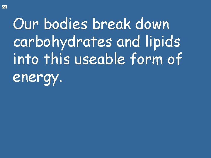 21 Our bodies break down carbohydrates and lipids into this useable form of energy.