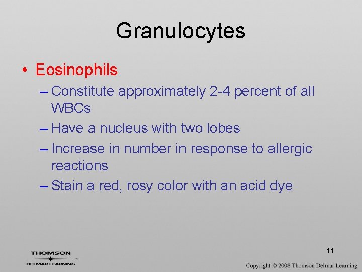 Granulocytes • Eosinophils – Constitute approximately 2 -4 percent of all WBCs – Have