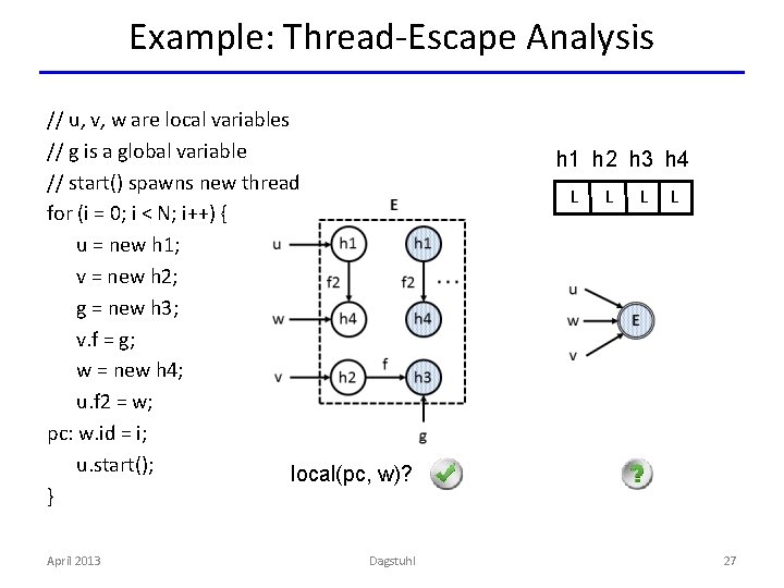 Example: Thread-Escape Analysis // u, v, w are local variables // g is a