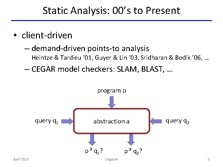 Static Analysis: 00’s to Present • client-driven – demand-driven points-to analysis Heintze & Tardieu