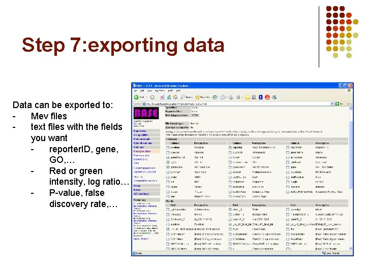 Step 7: exporting data Data can be exported to: Mev files text files with