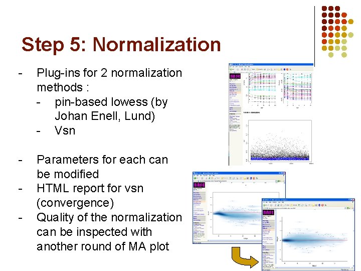 Step 5: Normalization - Plug-ins for 2 normalization methods : - pin-based lowess (by