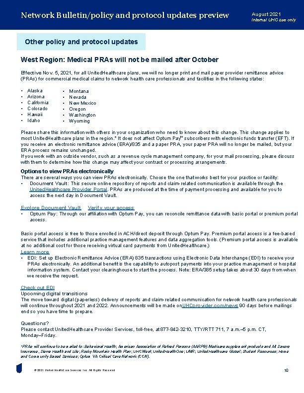 Network Bulletin/policy and protocol updates preview August 2021 Internal UHC use only Other policy