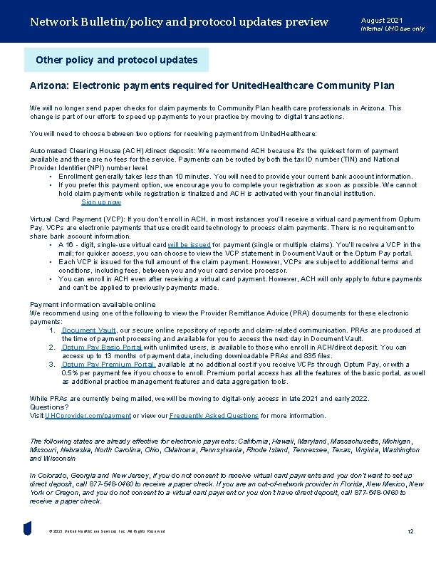 Network Bulletin/policy and protocol updates preview August 2021 Internal UHC use only Other policy