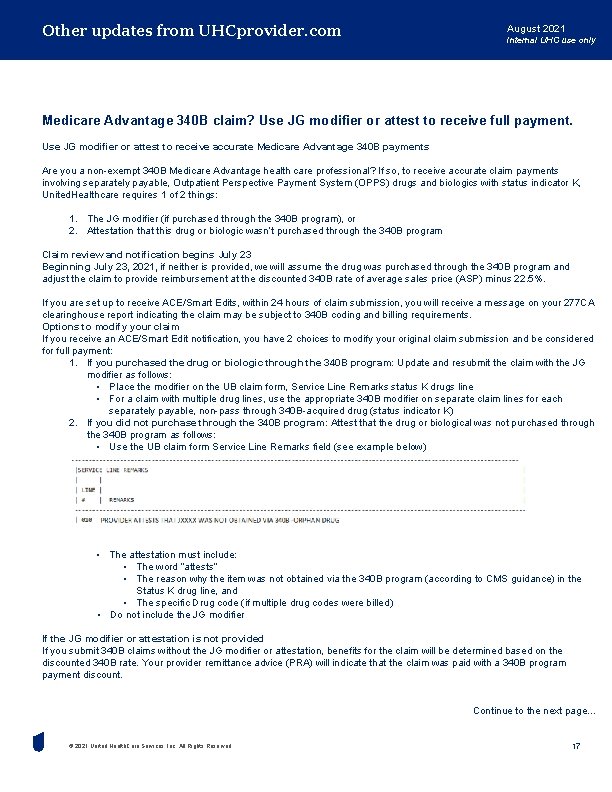 Other updates from UHCprovider. com August 2021 Internal UHC use only Medicare Advantage 340