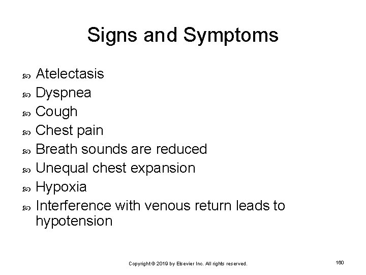 Signs and Symptoms Atelectasis Dyspnea Cough Chest pain Breath sounds are reduced Unequal chest