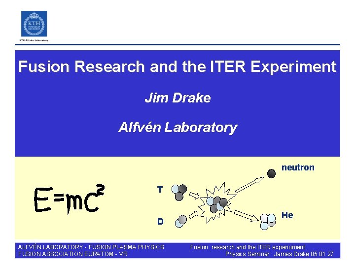 Fusion Research and the ITER Experiment Jim Drake Alfvén Laboratory neutron T D ALFVÉN