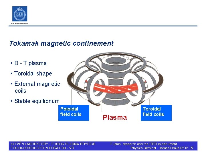 Tokamak magnetic confinement • D - T plasma • Toroidal shape • External magnetic