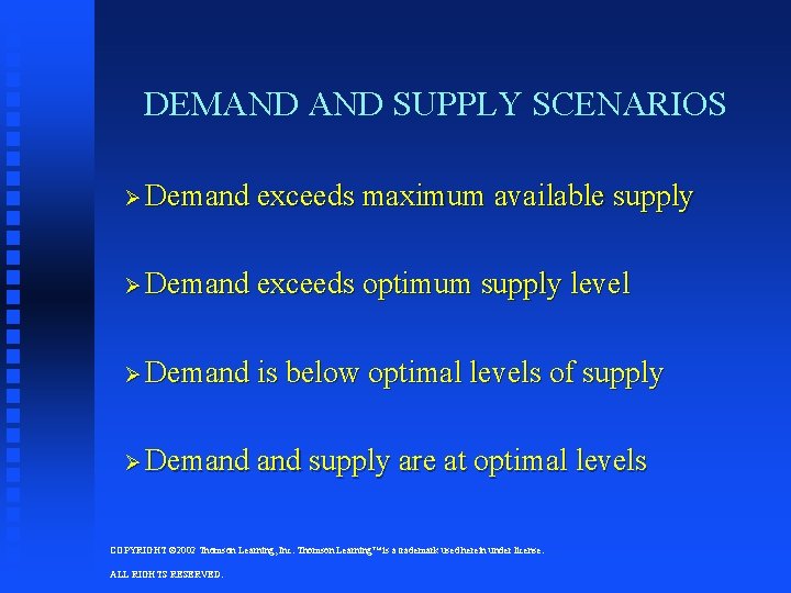 DEMAND SUPPLY SCENARIOS Ø Demand exceeds maximum available supply Ø Demand exceeds optimum supply