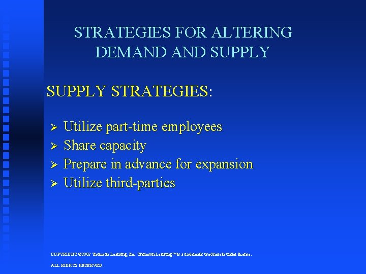STRATEGIES FOR ALTERING DEMAND SUPPLY STRATEGIES: Ø Ø Utilize part-time employees Share capacity Prepare