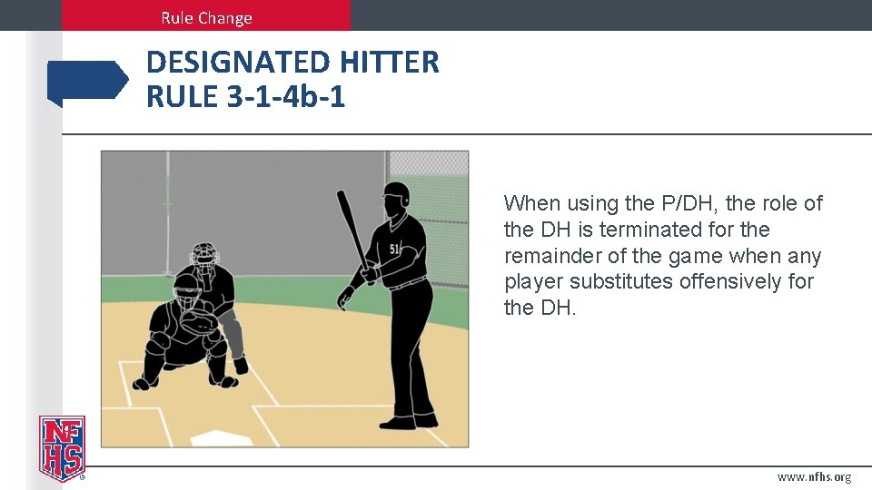Rule Change DESIGNATED HITTER RULE 3 -1 -4 b-1 When using the P/DH, the