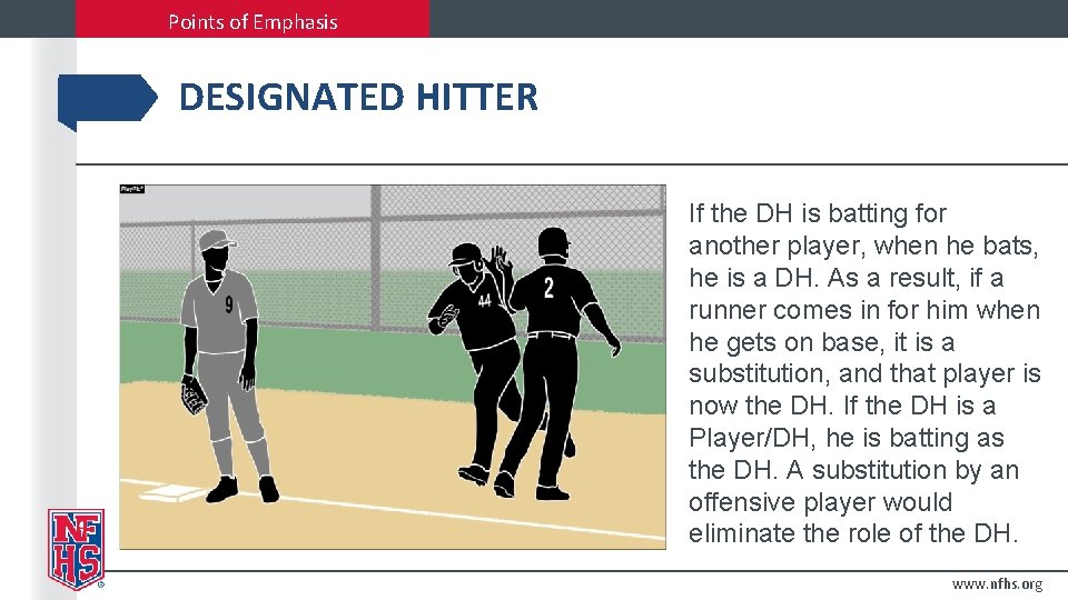 Points of Emphasis DESIGNATED HITTER If the DH is batting for another player, when