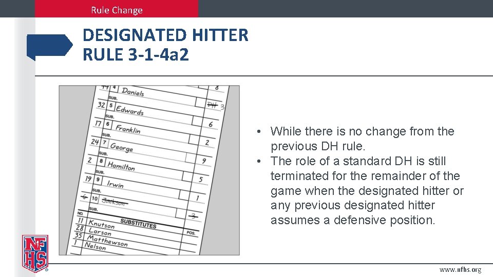Rule Change DESIGNATED HITTER RULE 3 -1 -4 a 2 • While there is