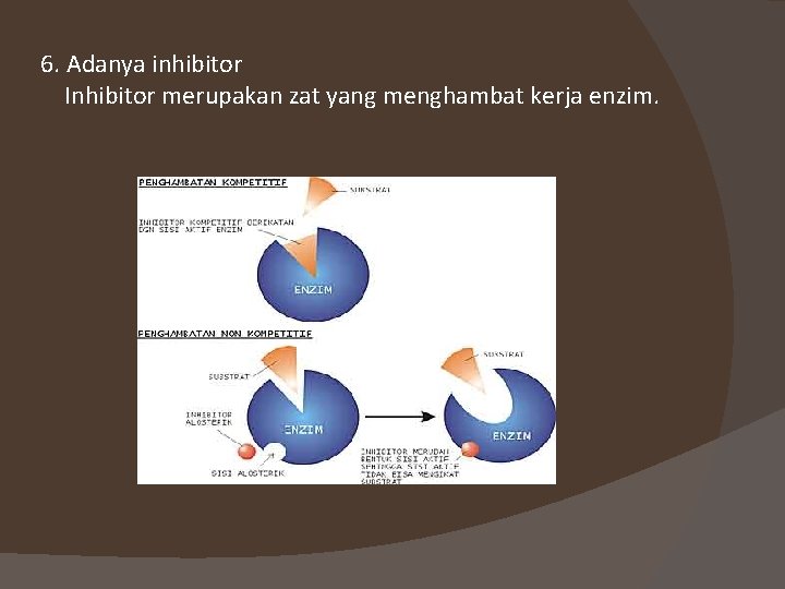 6. Adanya inhibitor Inhibitor merupakan zat yang menghambat kerja enzim. 