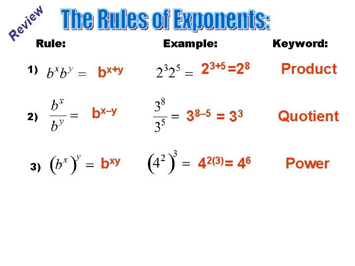 w ev ie R Rule: 1) 2) 3) Example: bx+y bx–y bxy 23+5 =28