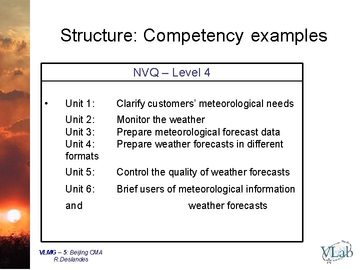 Structure: Competency examples NVQ – Level 4 • Unit 1: Clarify customers’ meteorological needs