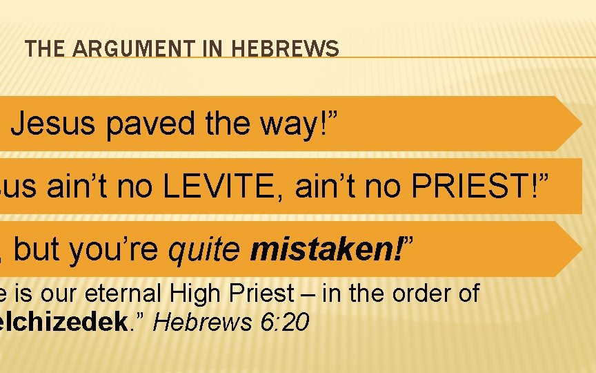 THE ARGUMENT IN HEBREWS t Jesus paved the way!” sus ain’t no LEVITE, ain’t