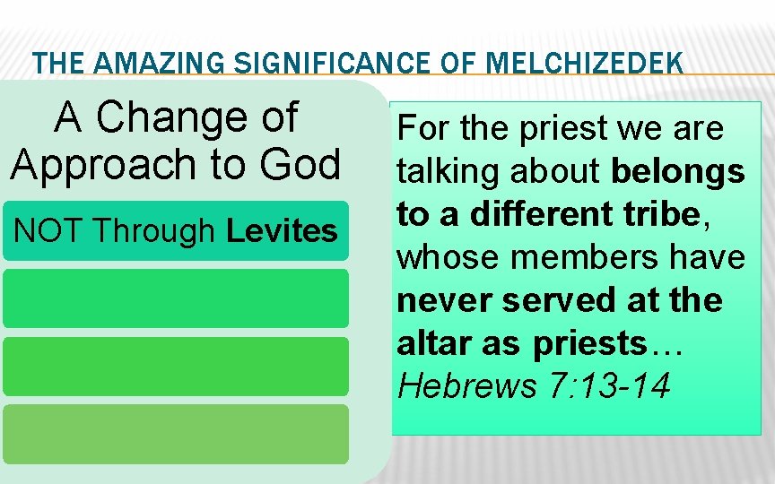 THE AMAZING SIGNIFICANCE OF MELCHIZEDEK A Change of Approach to God NOT Through Levites