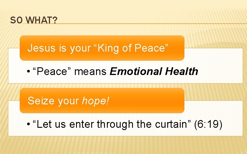 SO WHAT? Jesus is your “King of Peace” • “Peace” means Emotional Health Seize