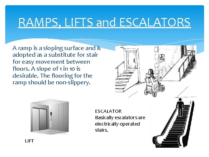 RAMPS, LIFTS and ESCALATORS A ramp is a sloping surface and is adopted as