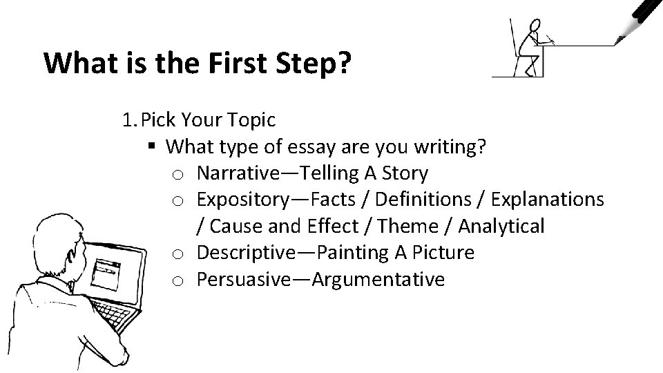 What is the First Step? 1. Pick Your Topic § What type of essay