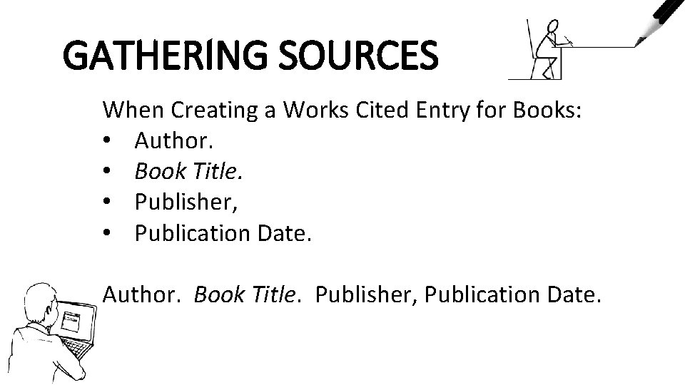 GATHERING SOURCES When Creating a Works Cited Entry for Books: • Author. • Book