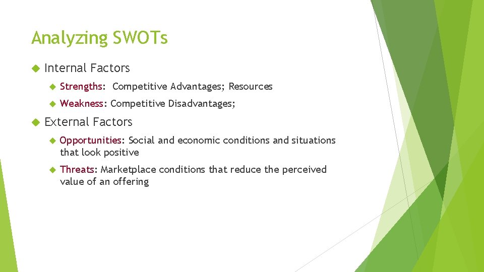 Analyzing SWOTs Internal Factors Strengths: Competitive Advantages; Resources Weakness: Competitive Disadvantages; External Factors Opportunities:
