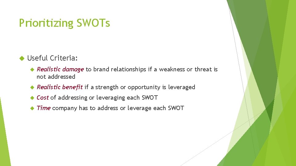 Prioritizing SWOTs Useful Criteria: Realistic damage to brand relationships if a weakness or threat