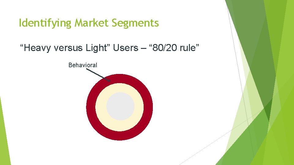 Identifying Market Segments “Heavy versus Light” Users – “ 80/20 rule” Behavioral 