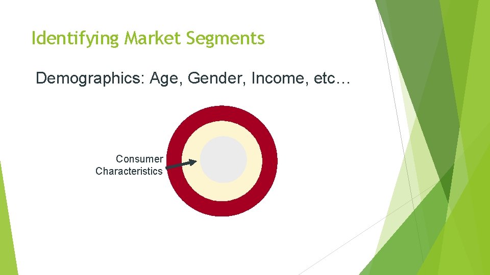 Identifying Market Segments Demographics: Age, Gender, Income, etc… Consumer Characteristics 