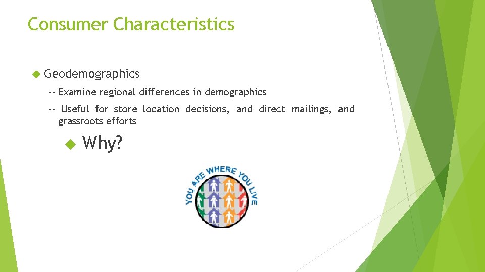 Consumer Characteristics Geodemographics -- Examine regional differences in demographics -- Useful for store location