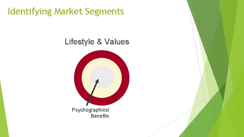 Identifying Market Segments Lifestyle & Values Psychographics/ Benefits 