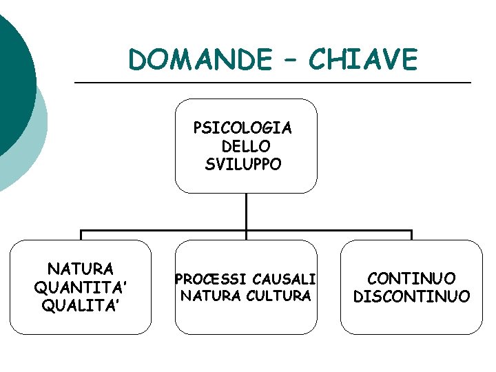 DOMANDE – CHIAVE PSICOLOGIA DELLO SVILUPPO NATURA QUANTITA’ QUALITA’ PROCESSI CAUSALI NATURA CULTURA CONTINUO